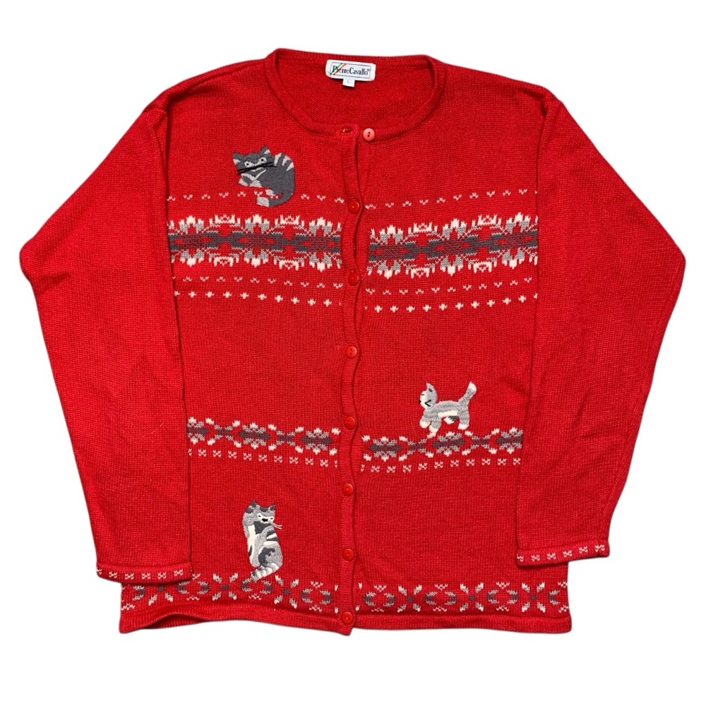 VTG 90s Red Cotton/Ramie Knit Cat Print Button Down Cardigan Sweater Retro Twee